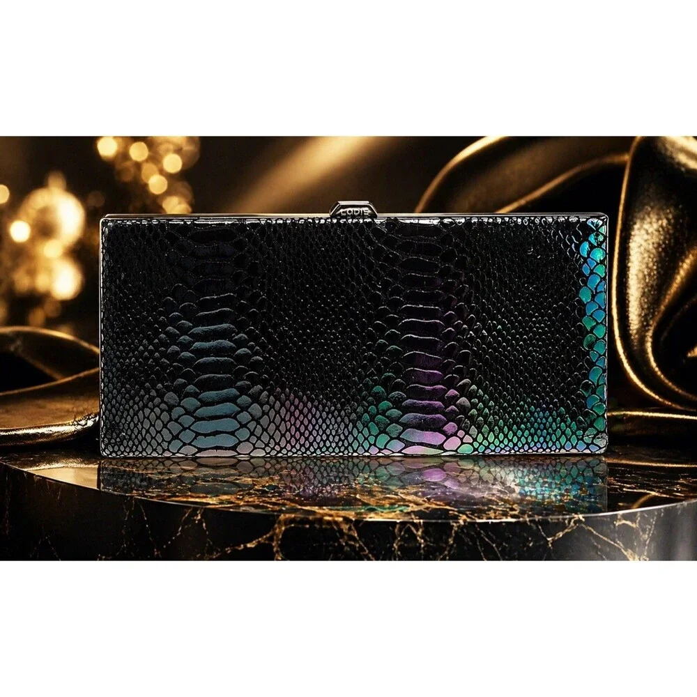 LODIS Palm Springs Multi Color Leather Framed Wallet Clutch 10” Snake Embossed